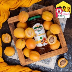 Overhead perspective of 300g Apricot Jam jar, displaying the lid and fresh peach texture.