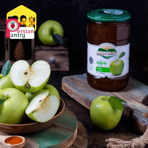 Side profile of 300g Apple Jam jar, highlighting nutritional information and ingredients.