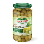 Frontal view of 680g Pitted Green Olives jar, showcasing vibrant color and label details.