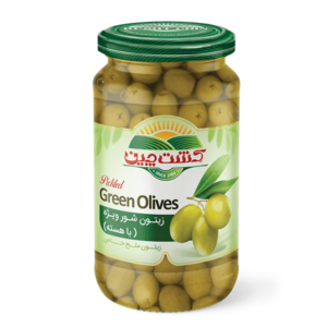 Frontal view of 680g Pitted Green Olives jar, showcasing vibrant color and label details.