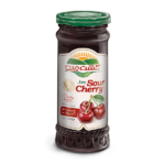 Frontal view of 300g Sour Cherry Jam jar, showcasing vibrant color and label details.